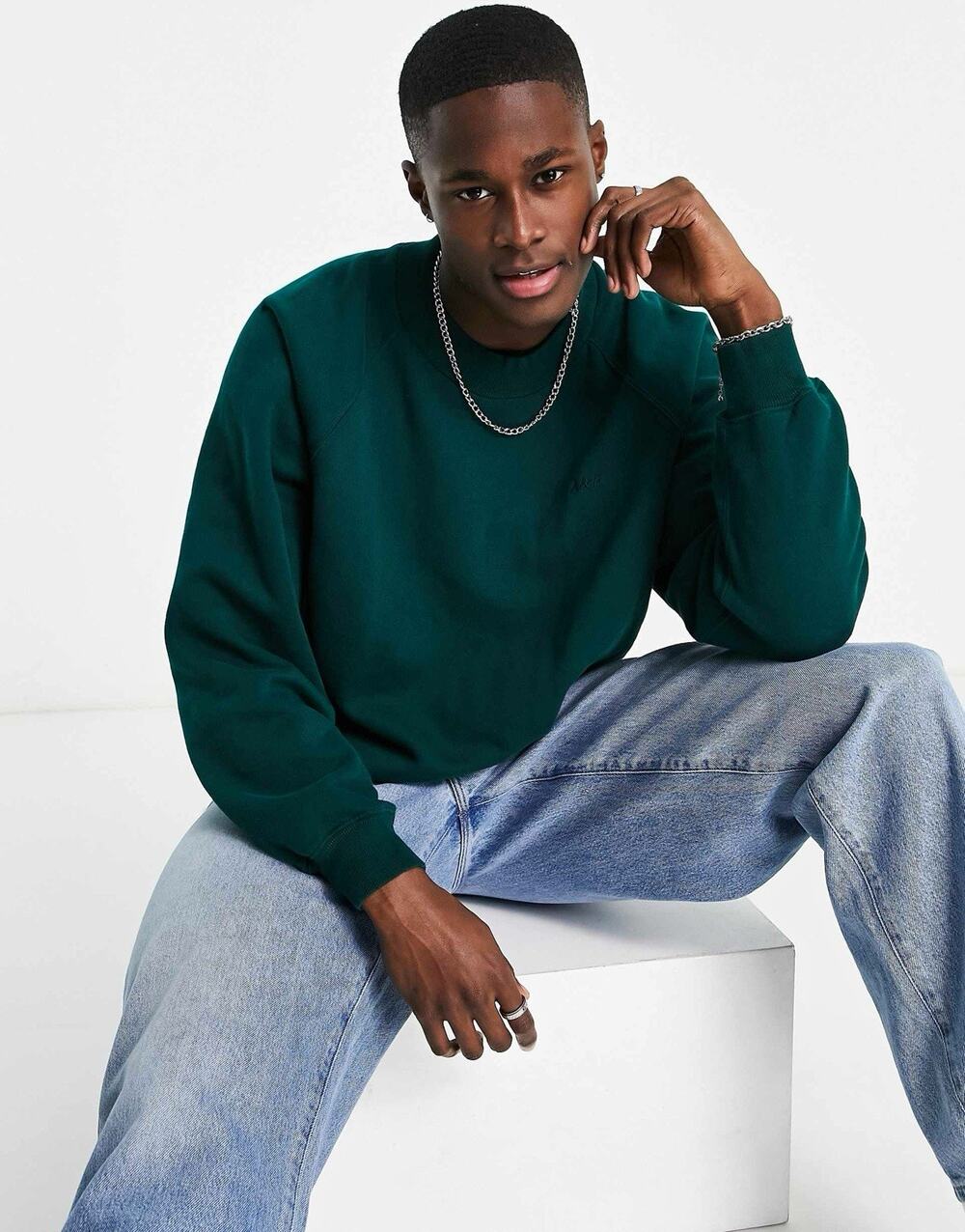 Abercrombie & Fitch Mens Green Solid Crewneck Oversized Fleece Logo Sweatshirt S